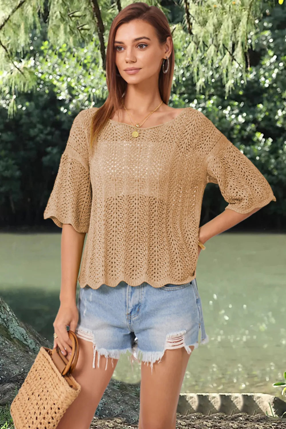 Openwork Round Neck Half Sleeve Knit Top (3)
