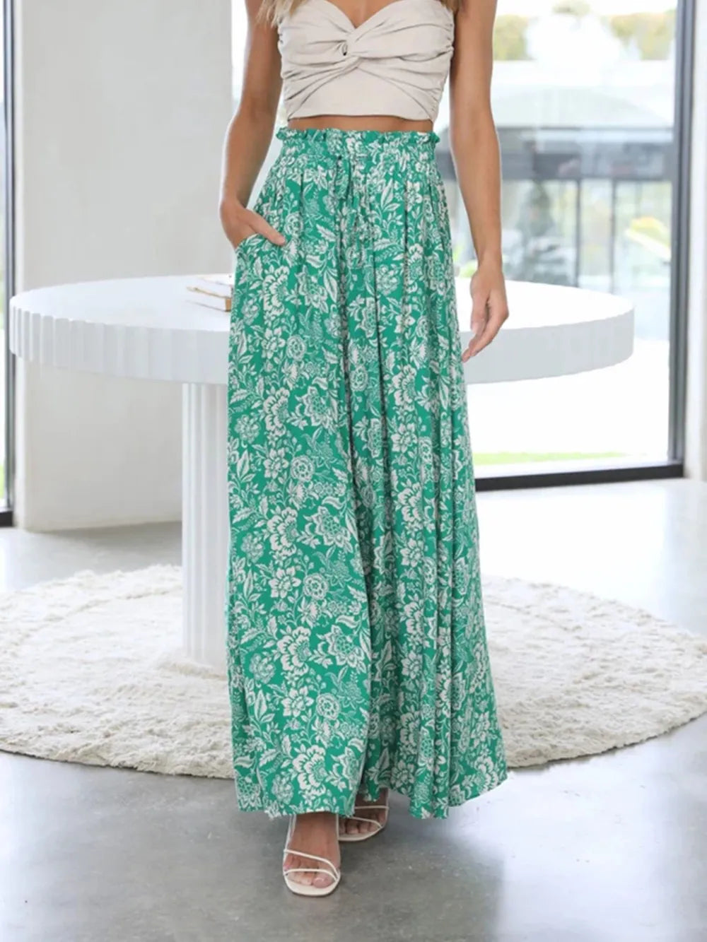 Drawstring Paperbag Waist Printed Wide Leg Pants (18)