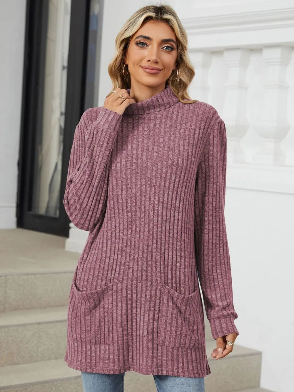 Ribbed Mock Neck Long Sleeve T-shirt (3)