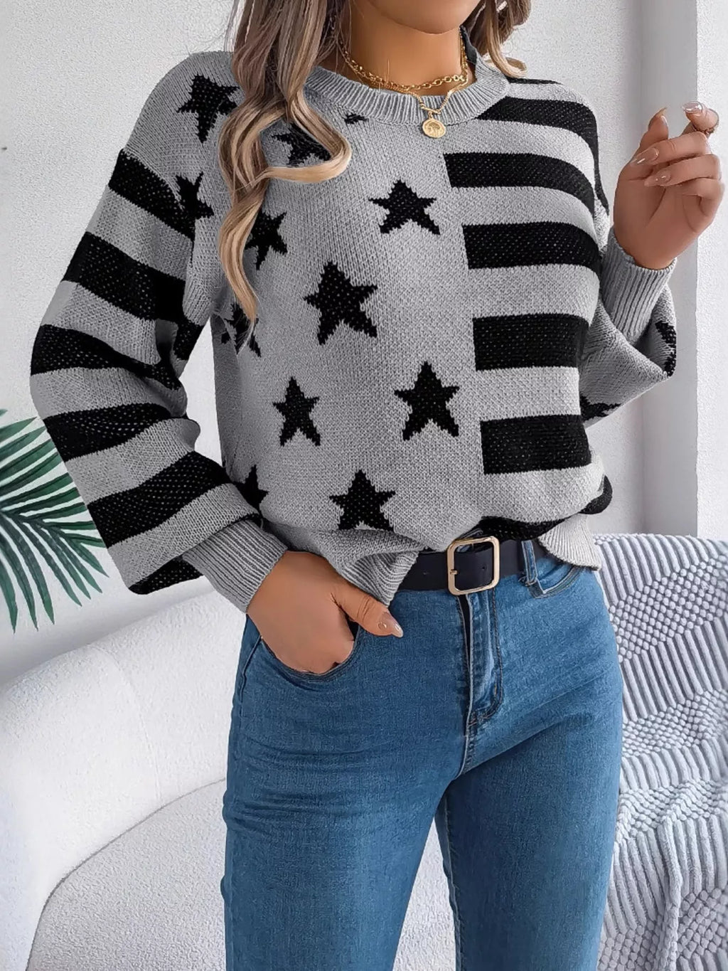 Stars Stripes Pattern Casual Round Neck Sweater (5)