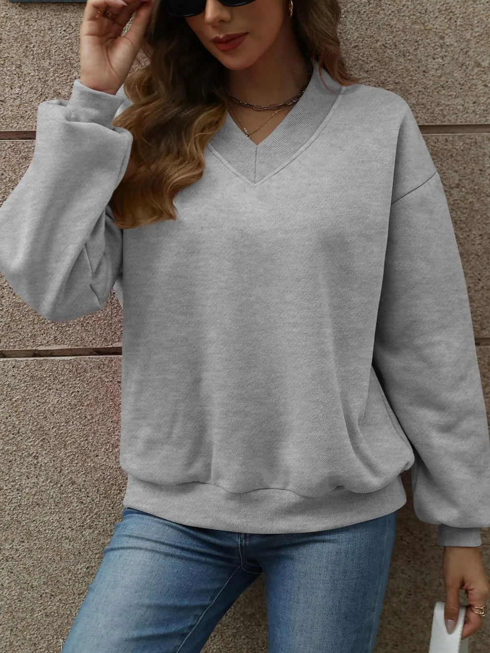 V-neck Long Sleeve Dropped Shoulder Sweatshirt (7)