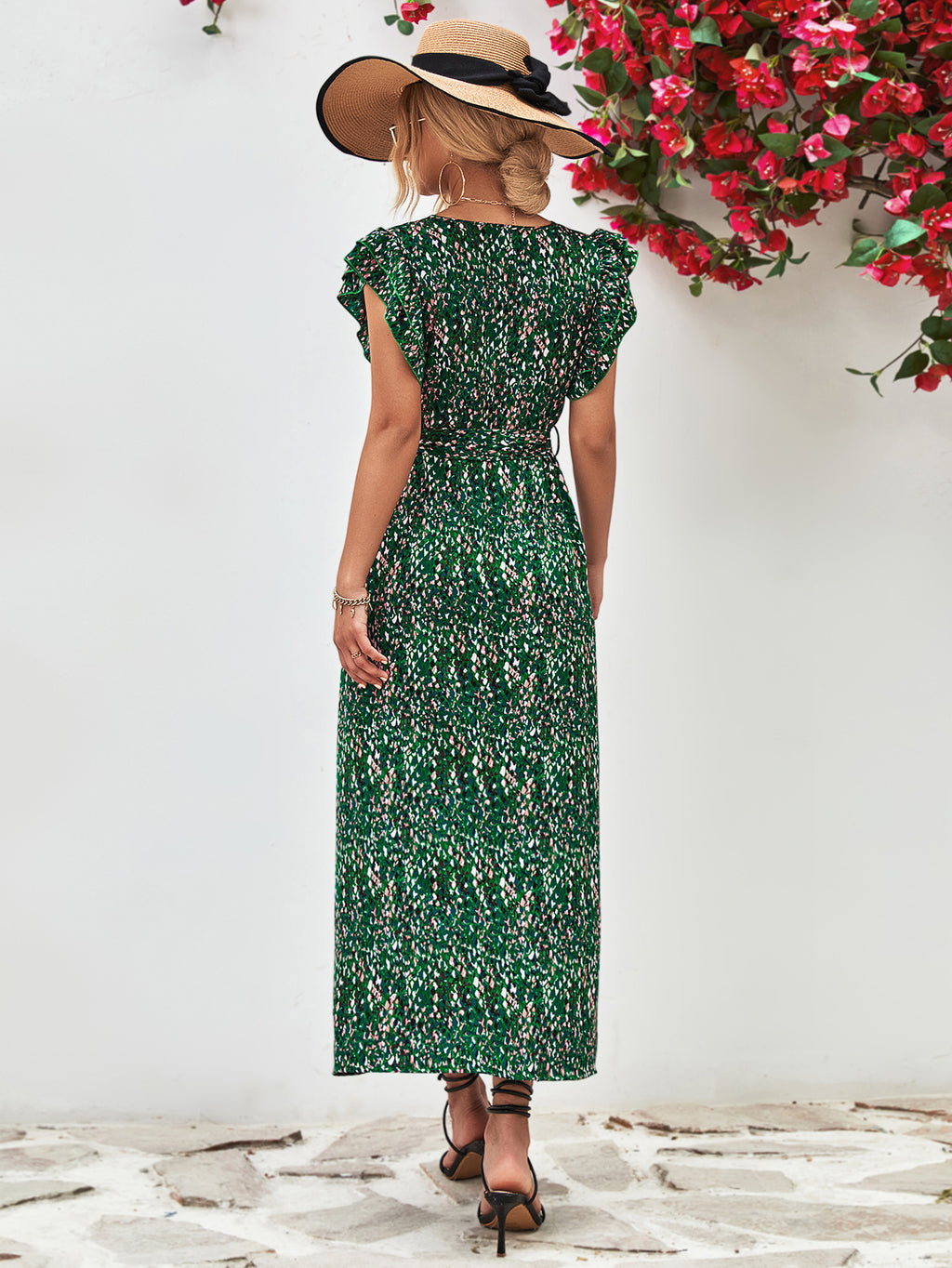 Printed Surplice Neck Flutter Sleeve Slit Dress (2)