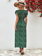 Printed Surplice Neck Flutter Sleeve Slit Dress (2)