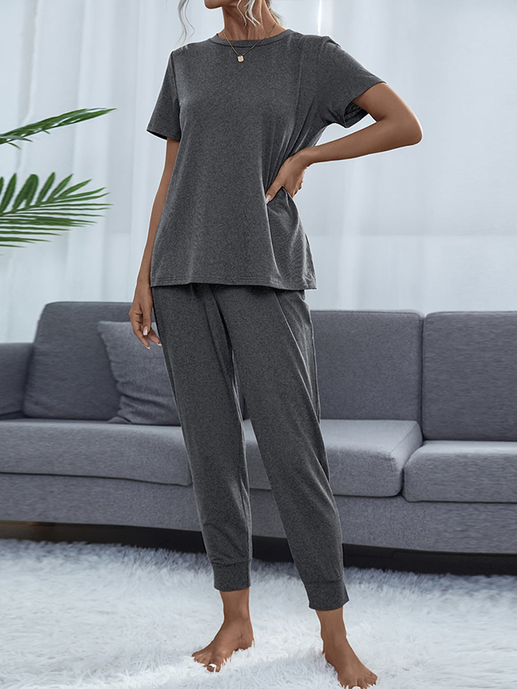 Round Neck Short Sleeve Top Pants Set (14)