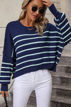 Striped Dropped Shoulder Round Neck Pullover Sweater (11)