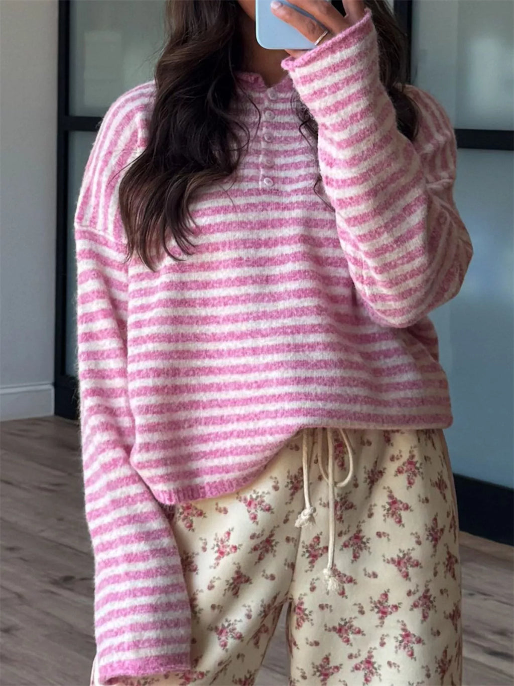 Button Detail Dropped Shoulder Striped Sweater (2)