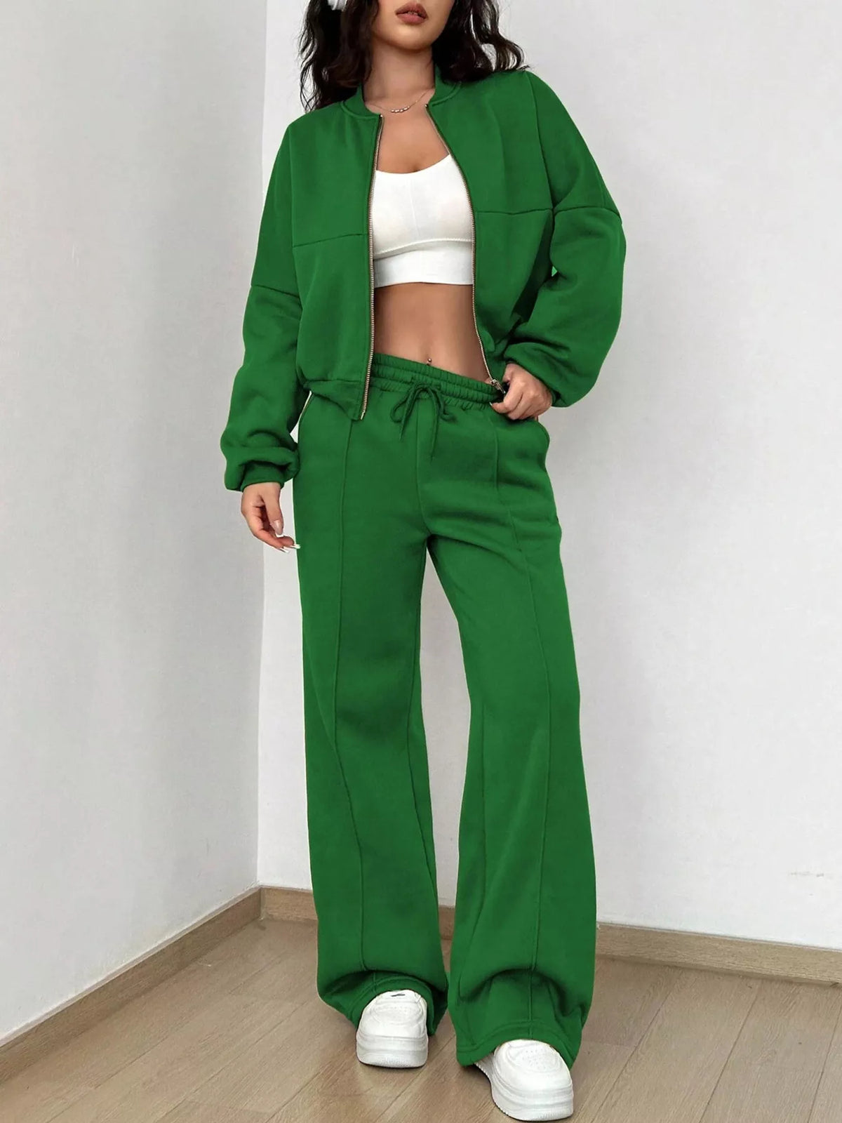 Casual Solid Color Zipper Jacket Wide Leg Pants Set (11)