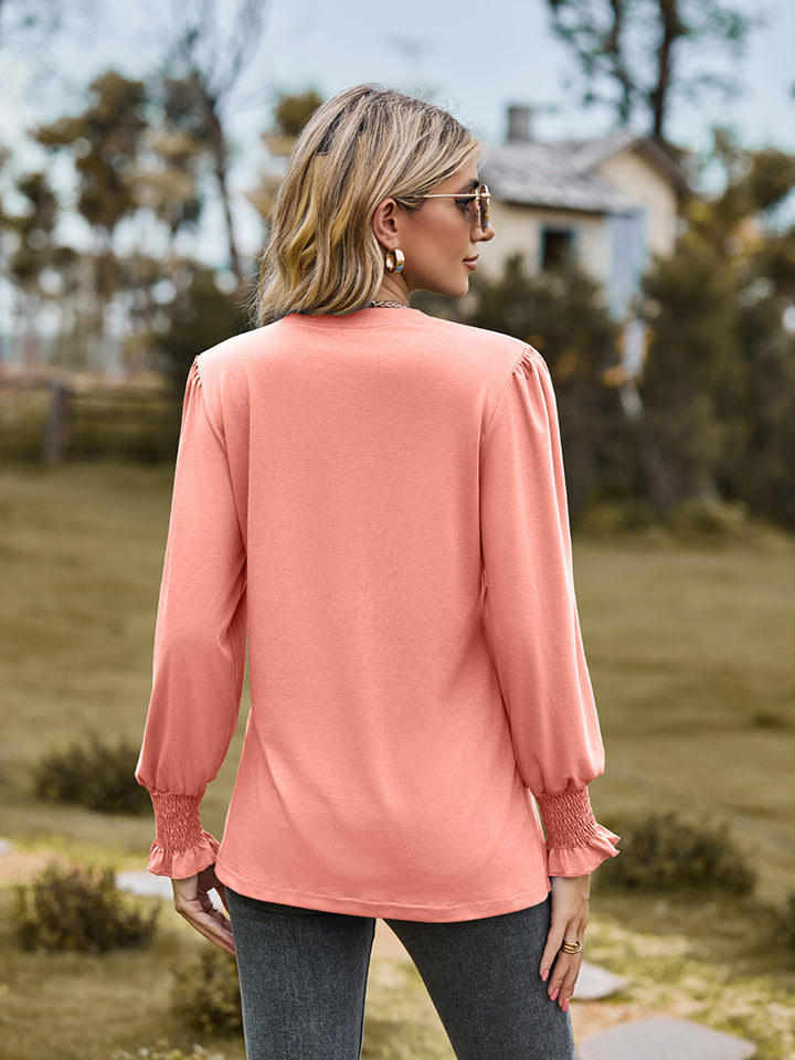 Notched Neck Flounce Sleeve Blouse (9)