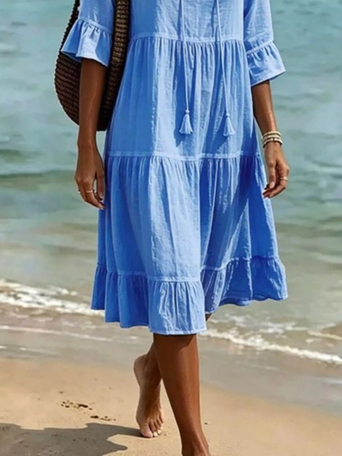Full Size Tiered Tie Neck Flounce Sleeve Dress Plus (15)