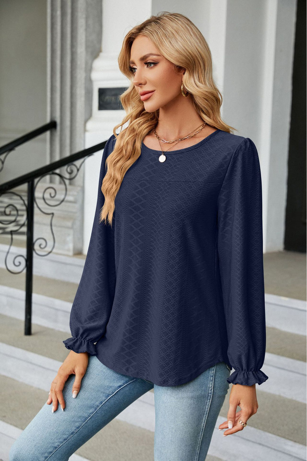 Round Neck Flounce Sleeve Blouse (5)