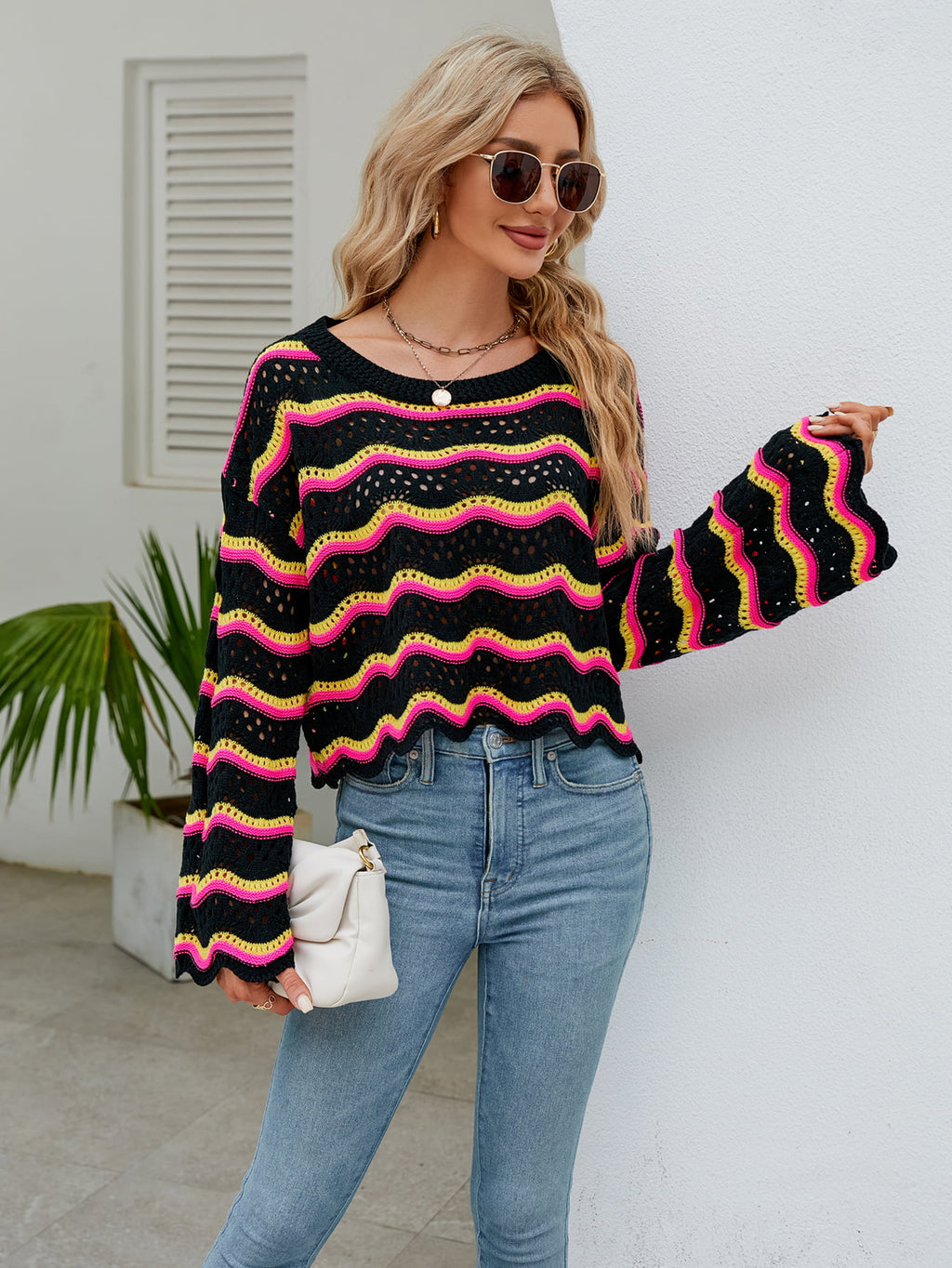Round Neck Openwork Flare Sleeve Knit Top (14)