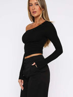 One Shoulder Long Sleeve Crop T-shirt (4)