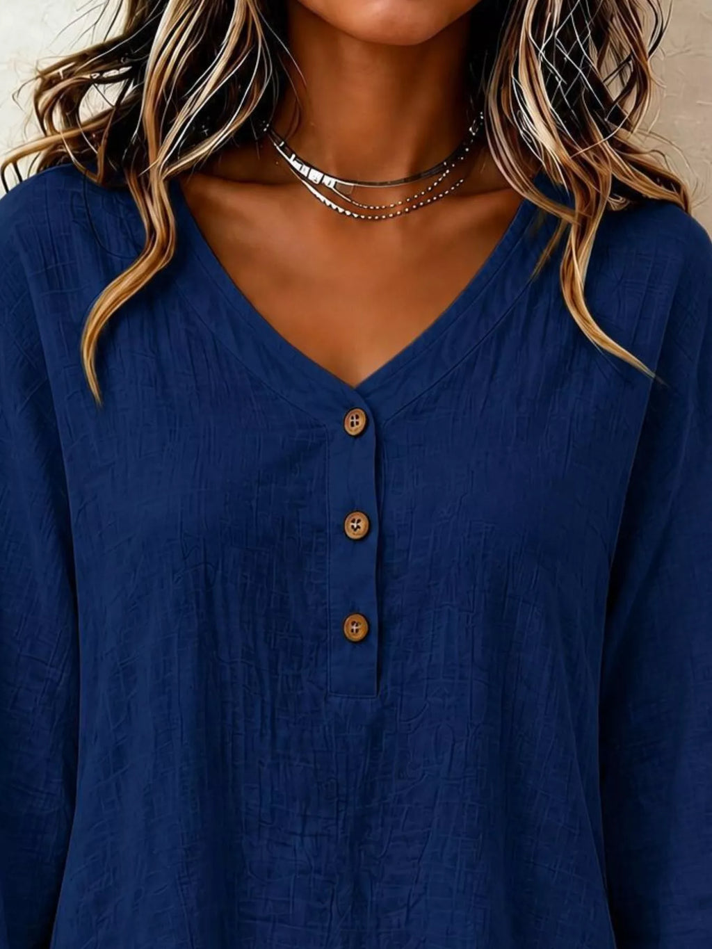 V-neck Long Sleeve Button Detail Ruffled Hem Blouse (5)