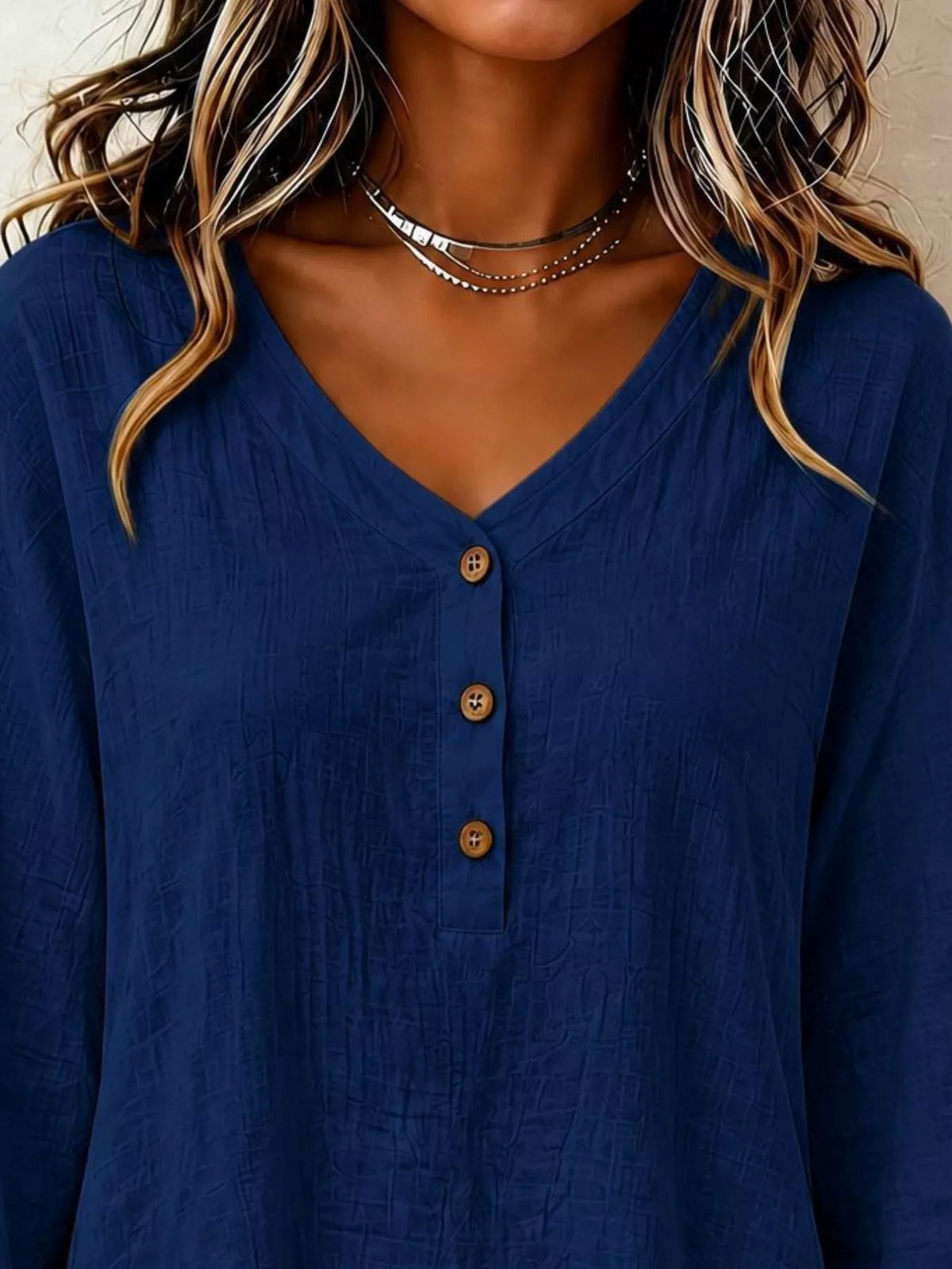 V-neck Long Sleeve Button Detail Ruffled Hem Blouse (5)
