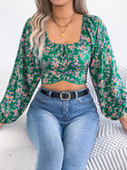 Floral Balloon Sleeve Square Neck Crop Blouse (16)