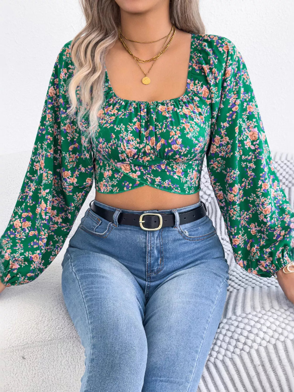Floral Balloon Sleeve Square Neck Crop Blouse (16)