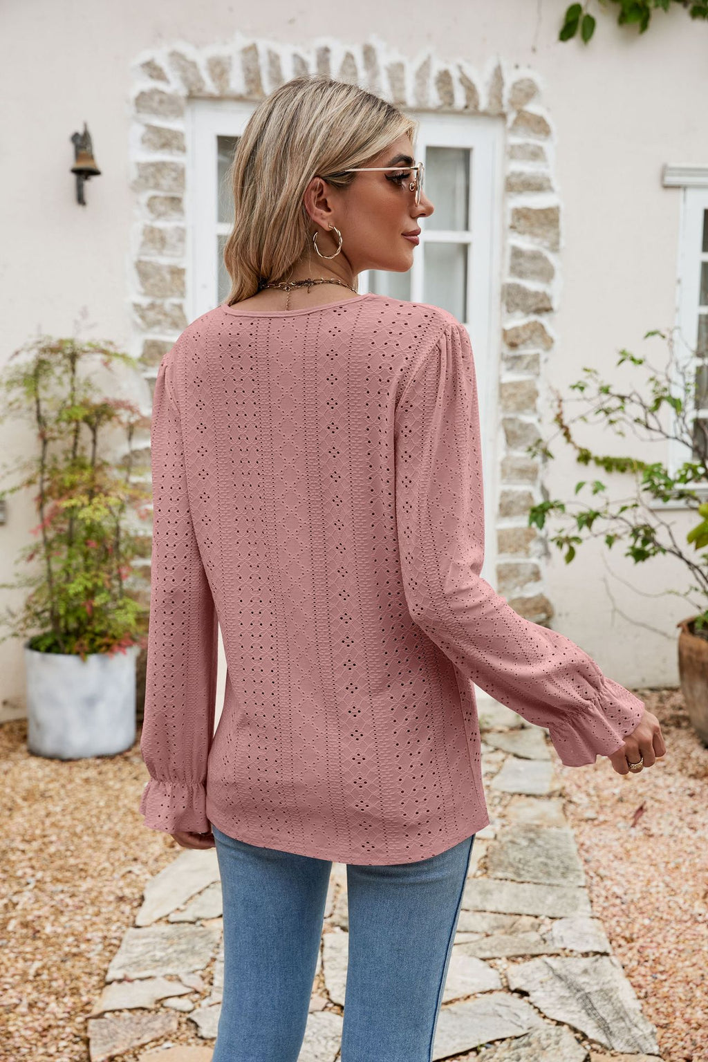 Eyelet Lace Trim Flounce Sleeve Blouse (18)