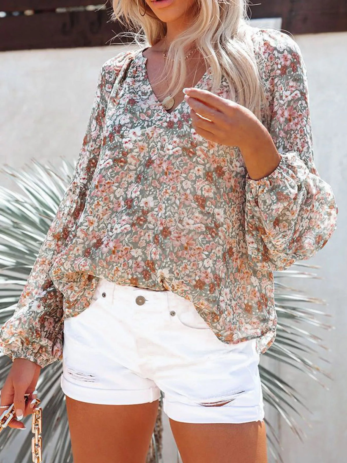 Full Size Floral Print V-neck Long Sleeve Blouse Plus (17)