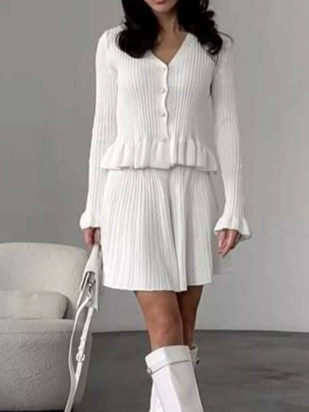 Ruffle Trim Knit Cardigan Skirt Set (8)