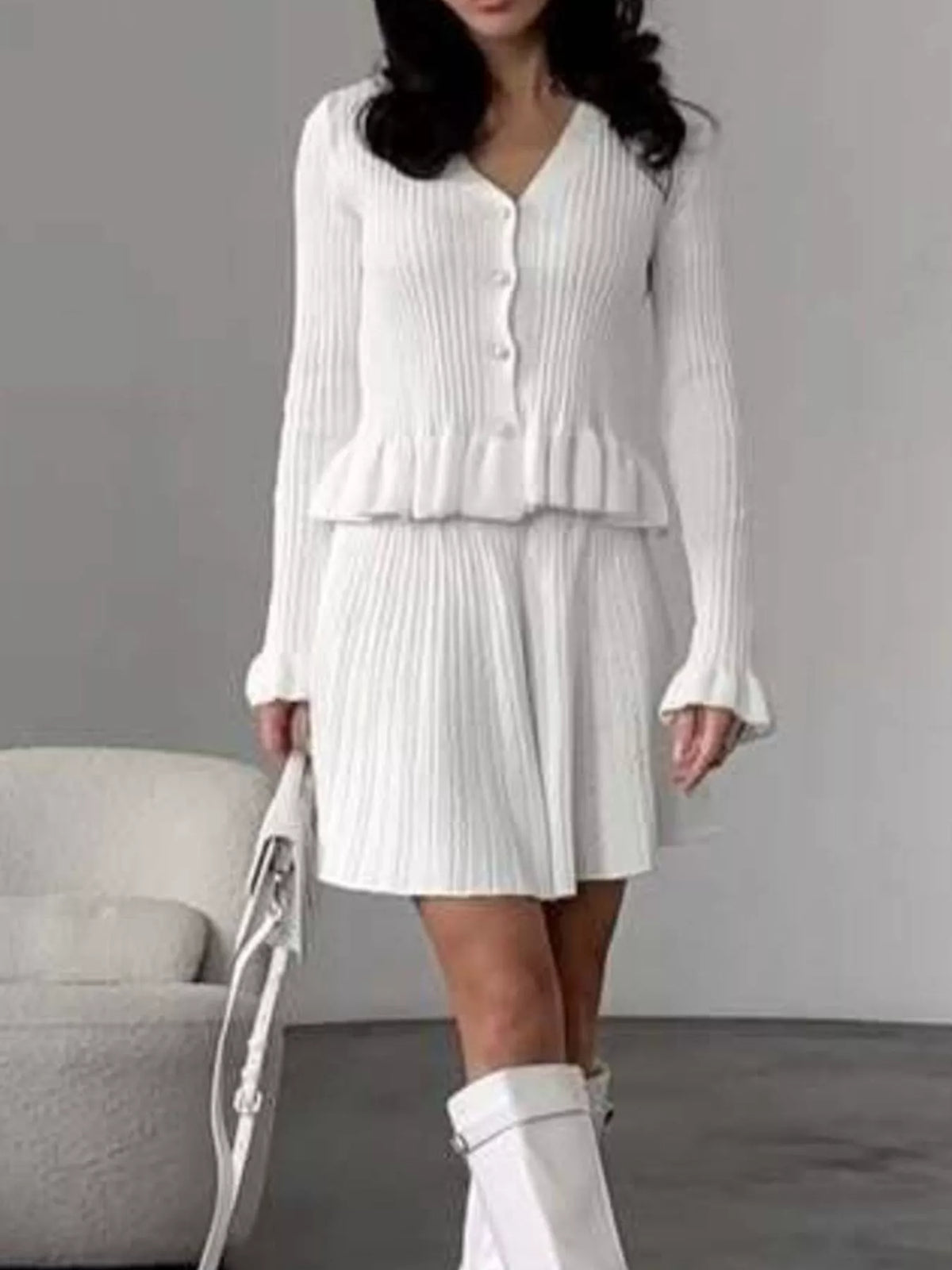 Ruffle Trim Knit Cardigan Skirt Set (8)