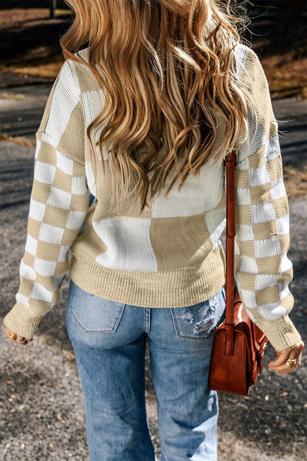 Checkered Round Neck Drop Shoulder Sweater (12)