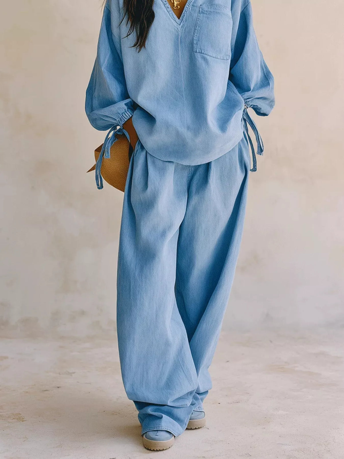 Relaxed Fit Drawstring Sleeve Detail Top Pants Denim Set (3)