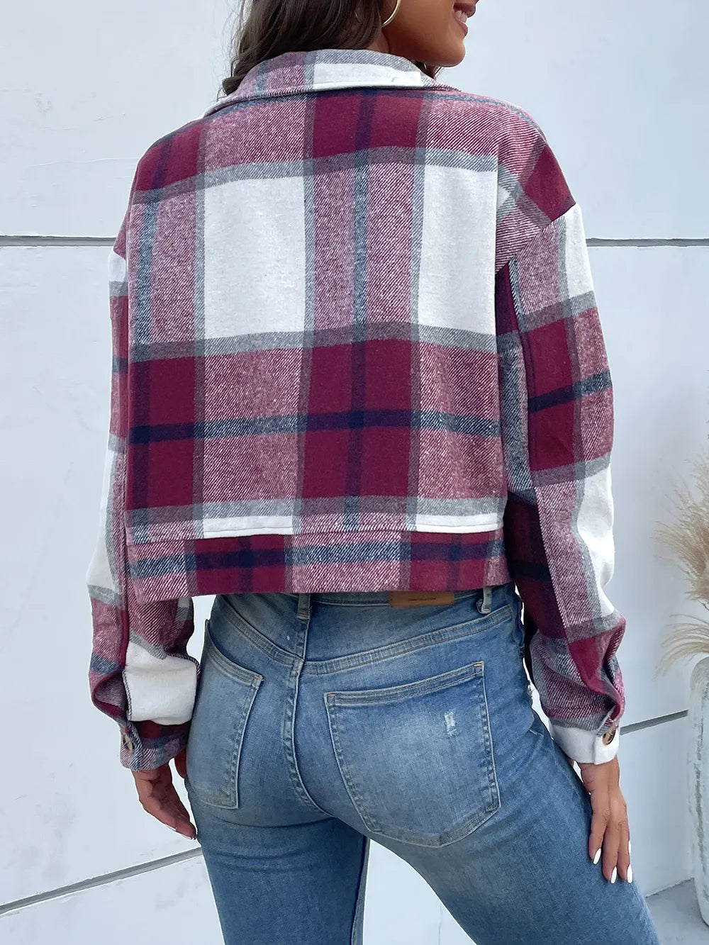 Plaid Button Up Drop Shoulder Cropped Jacket (32)