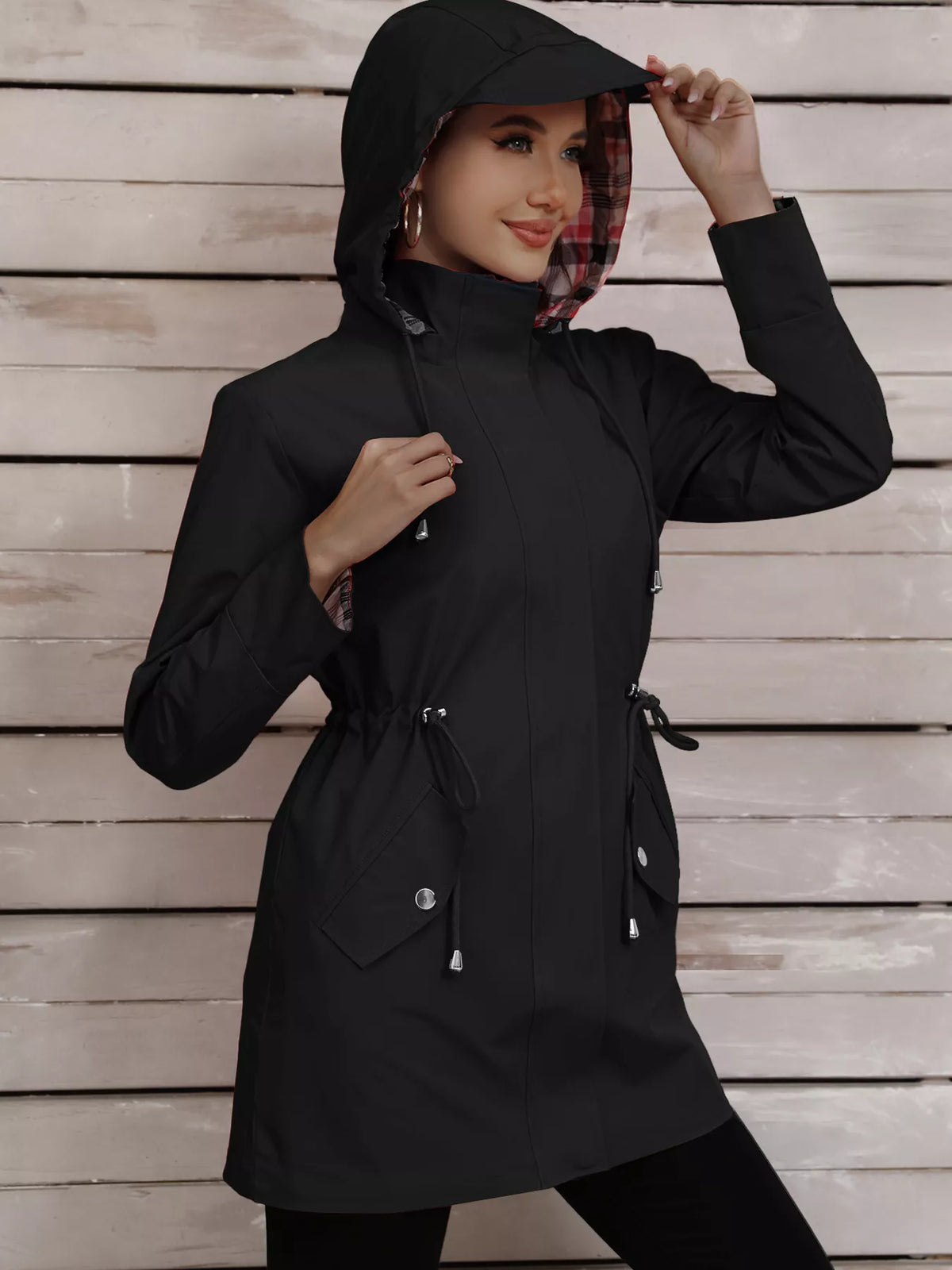 Drawstring Snap-down Trench Coat (2)