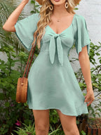 Smocked Back Knotted Flutter Sleeve Dress (27)