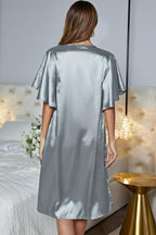 Satin Flutter Sleeve Side Slit V-neck Night Dress (18)