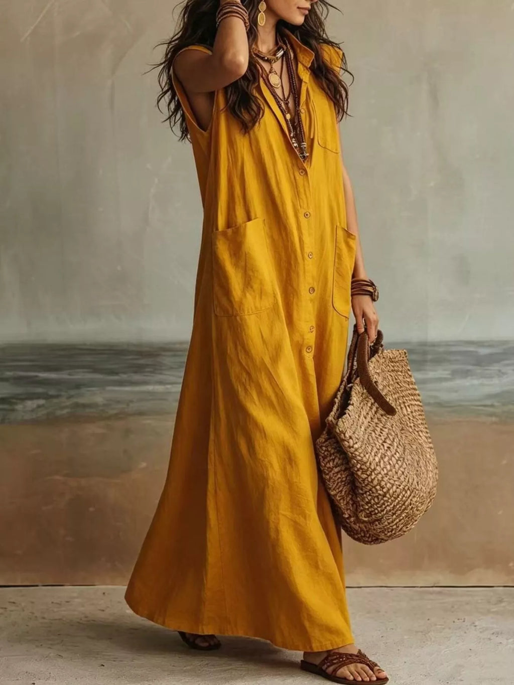 Sleeveless Button-down Linen Maxi Dress (3)