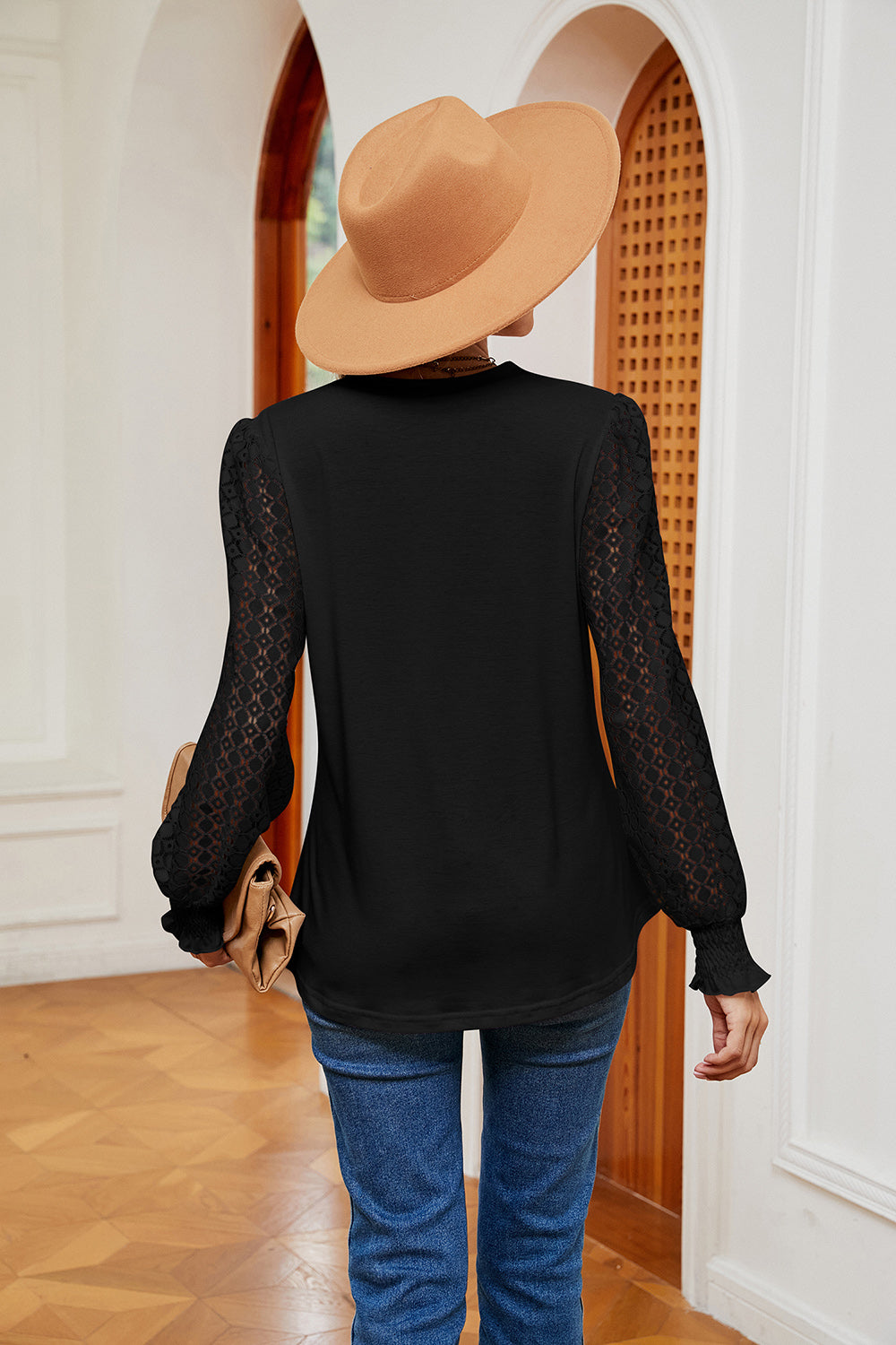 Contrast V-neck Long Sleeve Blouse (12)
