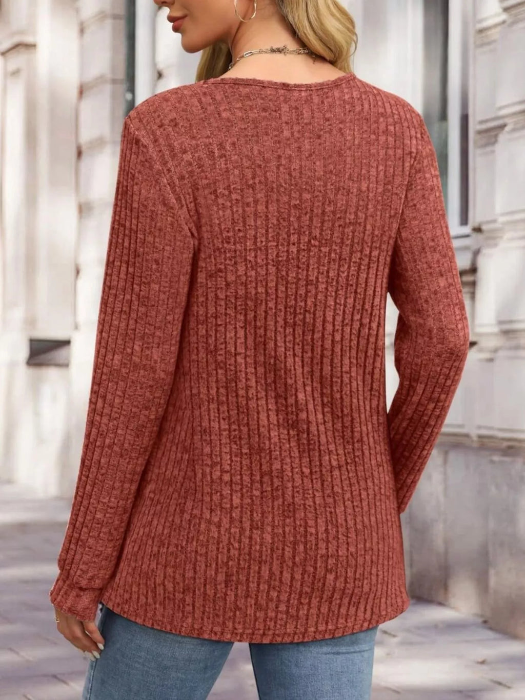 Ribbed Knit Button-front Long Sleeve T-shirt (7)