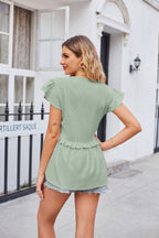 Buttoned V-neck Ruffle Trim Top (2)