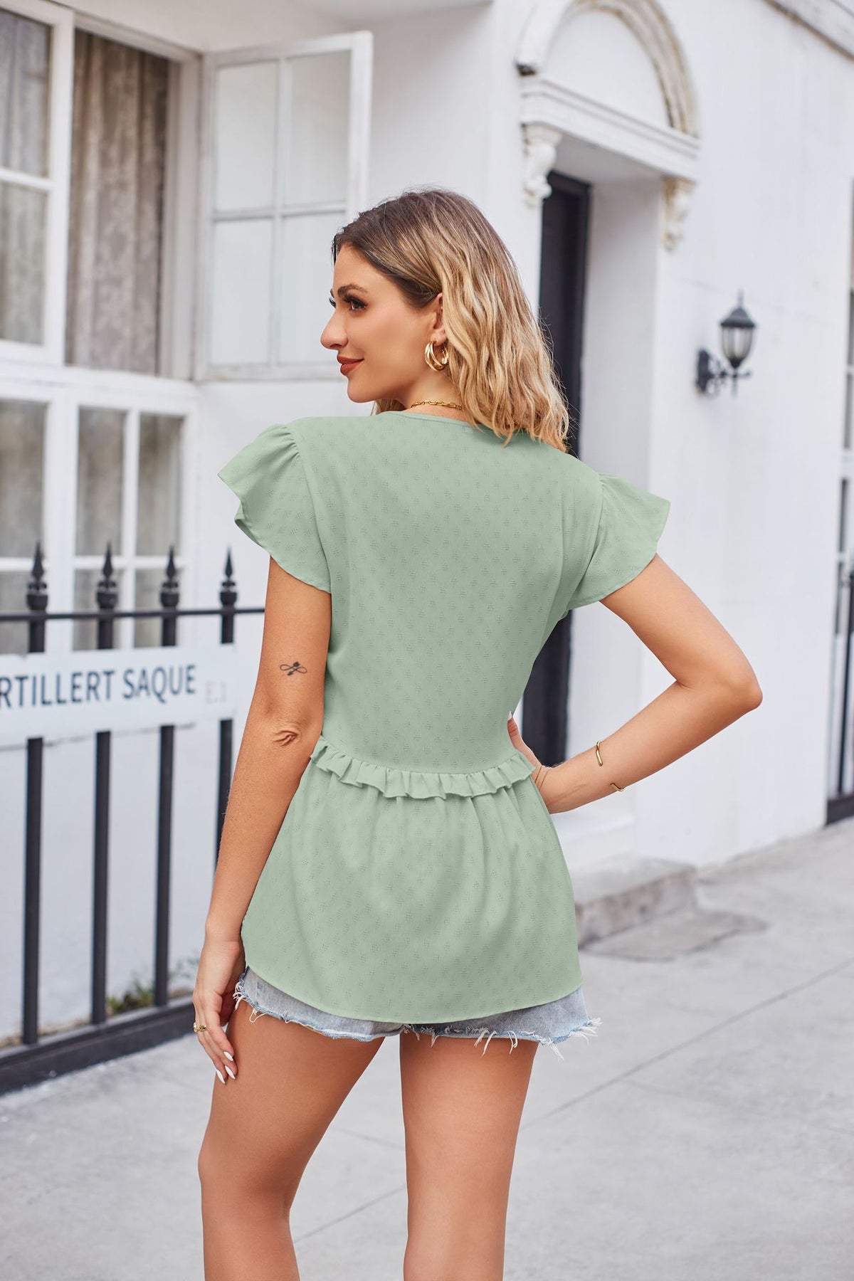 Buttoned V-neck Ruffle Trim Top (2)