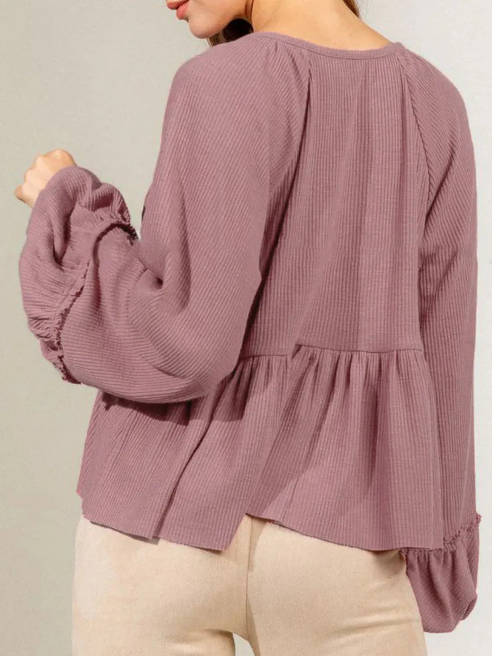 Notched Balloon Sleeve Peplum Blouse (11)
