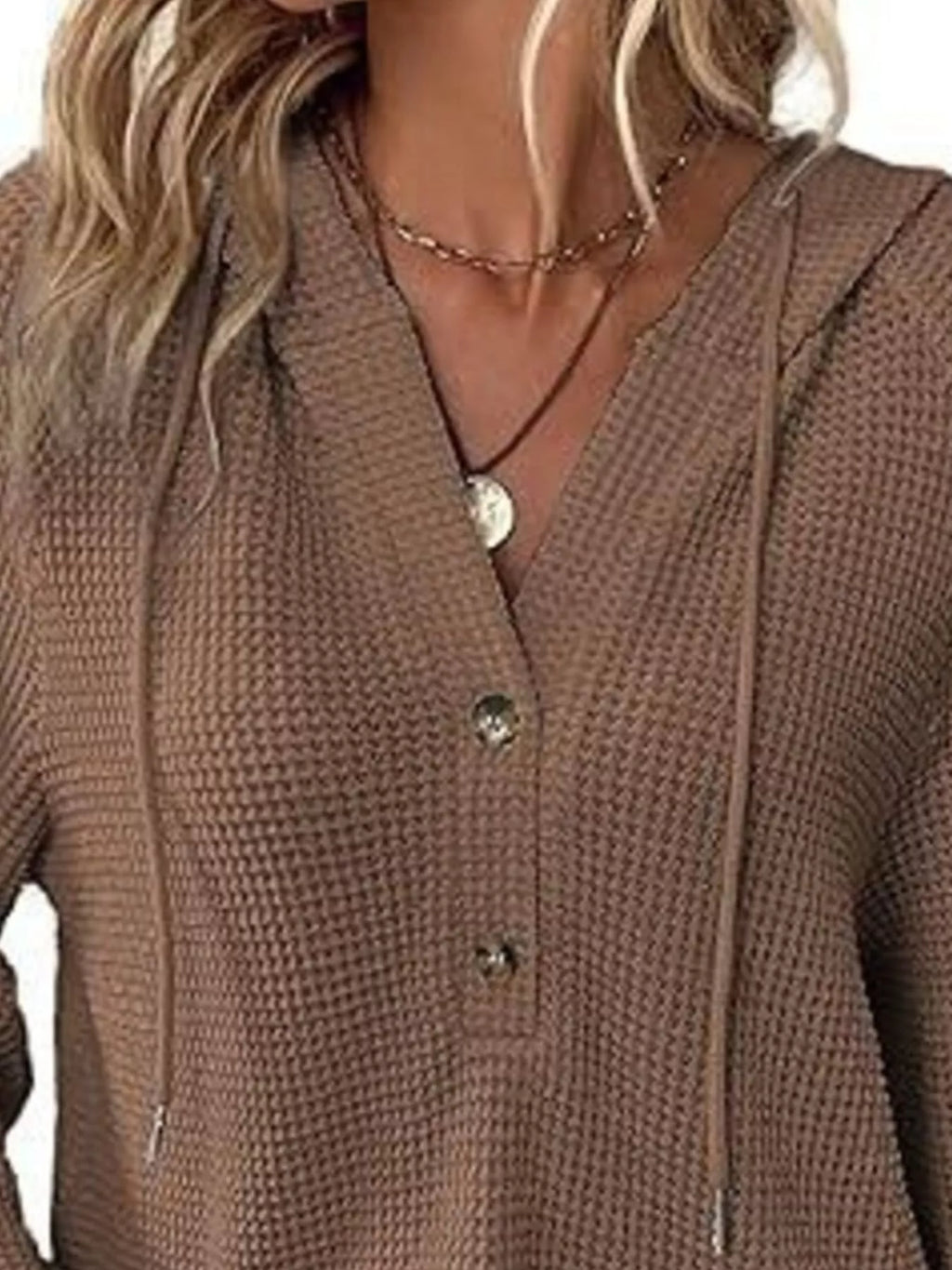 Full Size Button Detail Waffle Knit Hoodie Plus (17)