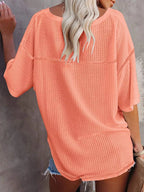 Waffle Knit V-neck Short Sleeve T-shirt (13)