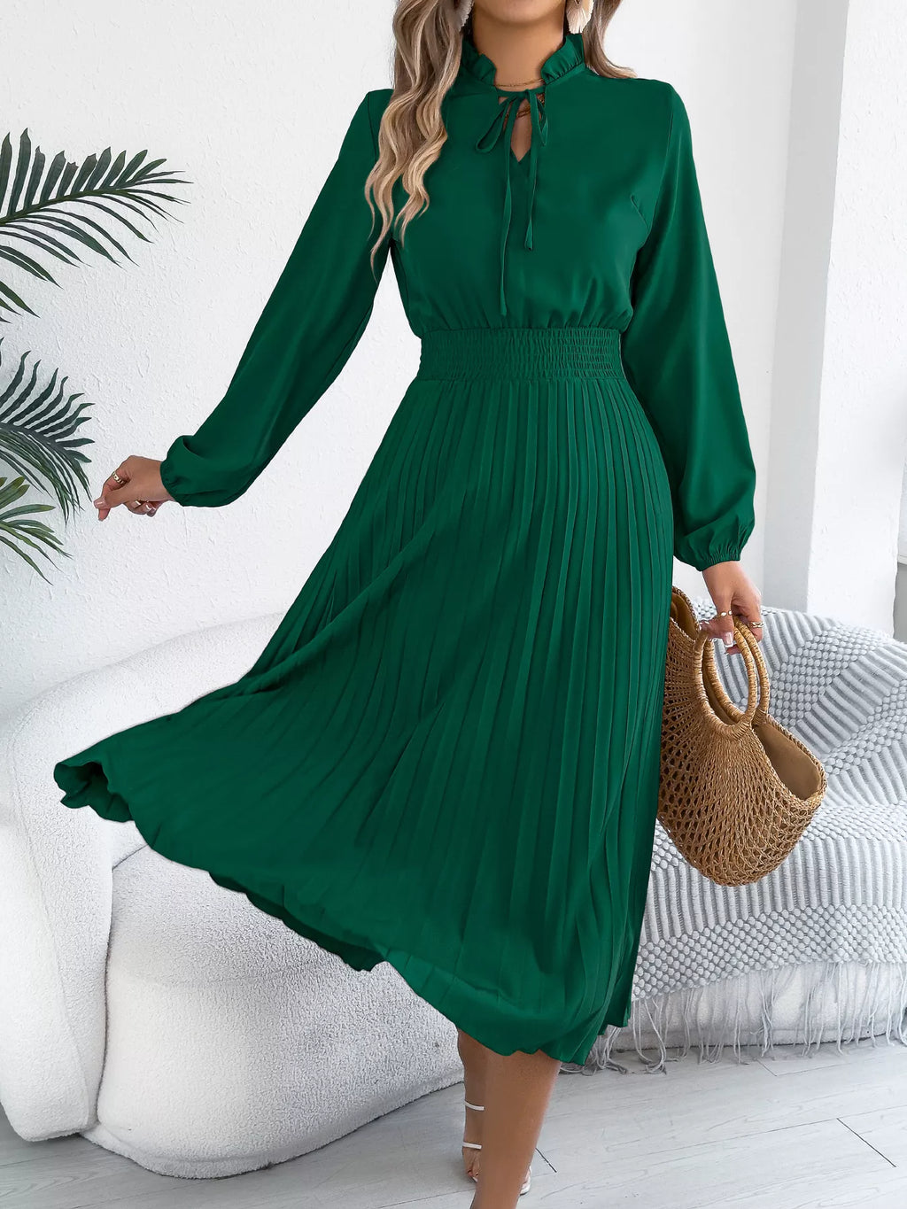 Smocked Pleated Tie Neck Dress (3)
