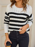 Striped Cable Knit Round Neck Sweater (3)