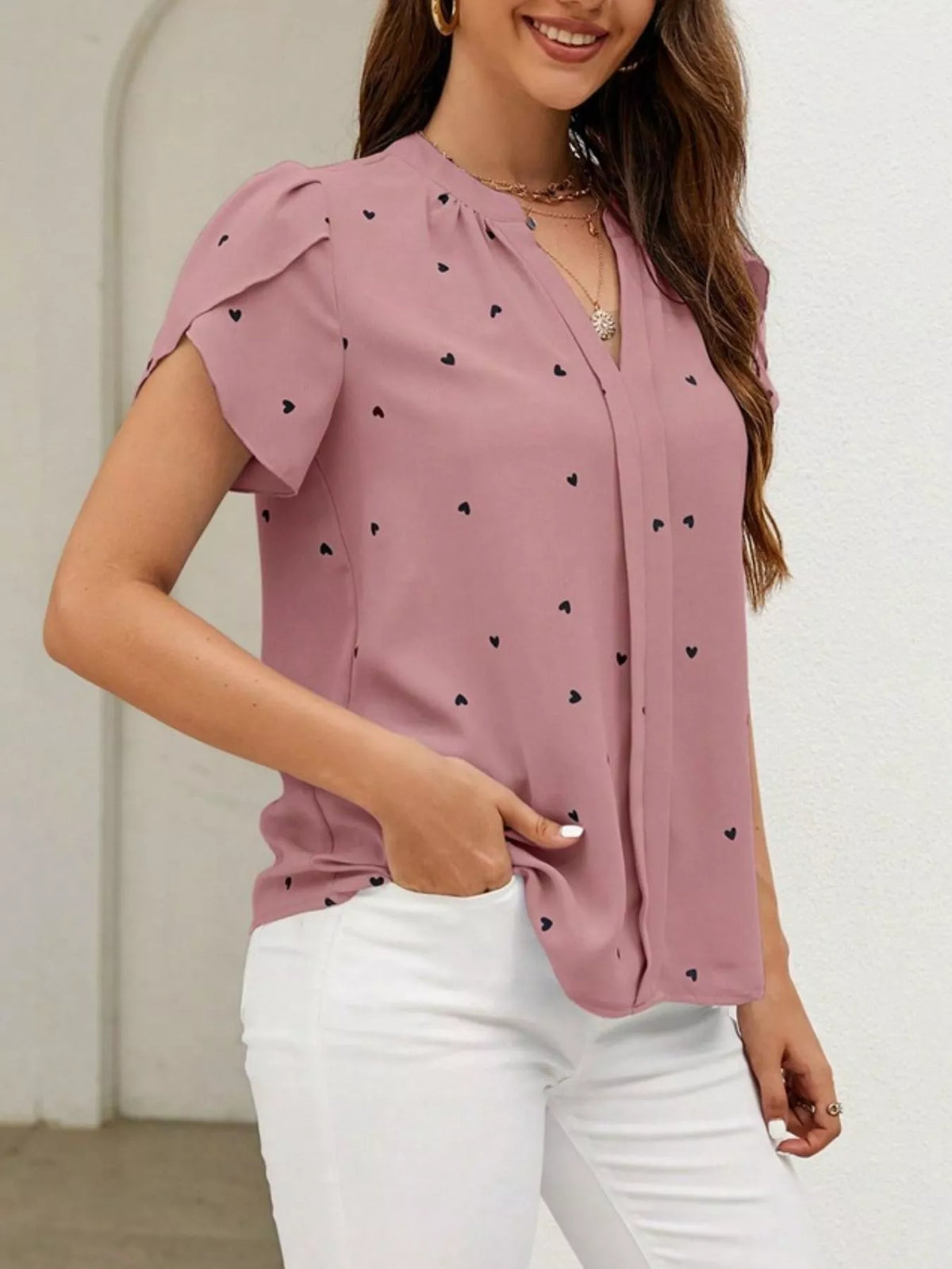 Heart Print Petal Sleeve Blouse (20)