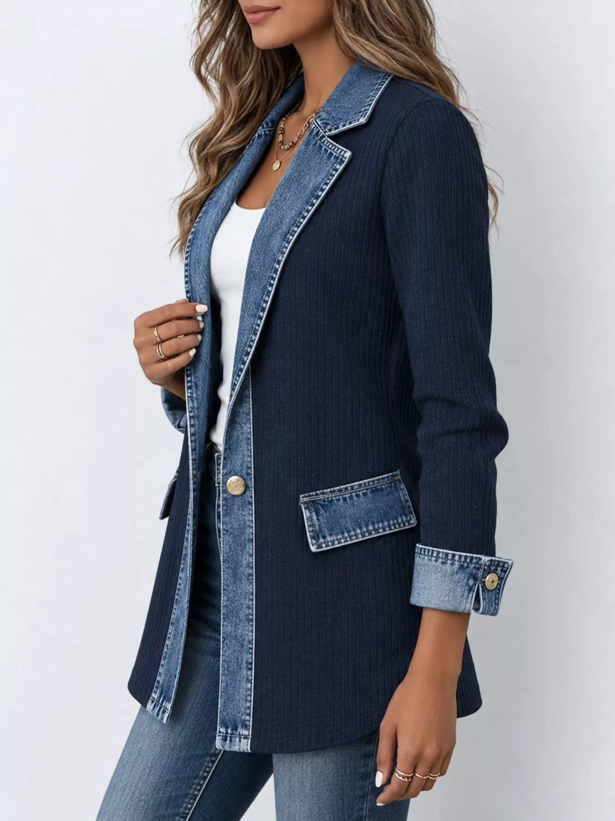 Full Size Denim Trim Ribbed Knit Cardigan Plus (28)