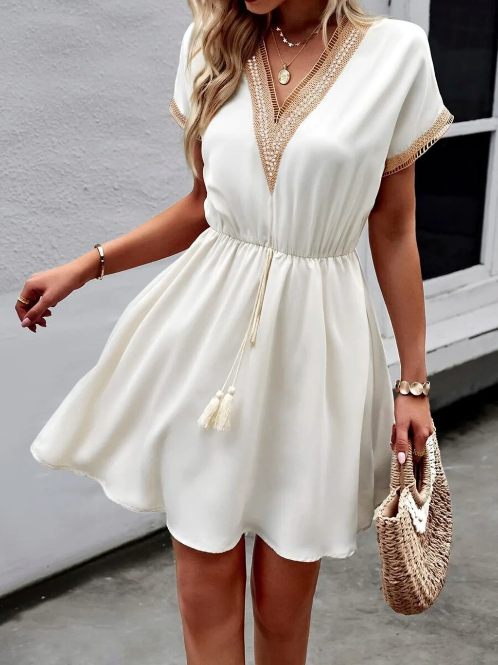V-neck Short Sleeve Mini Dress