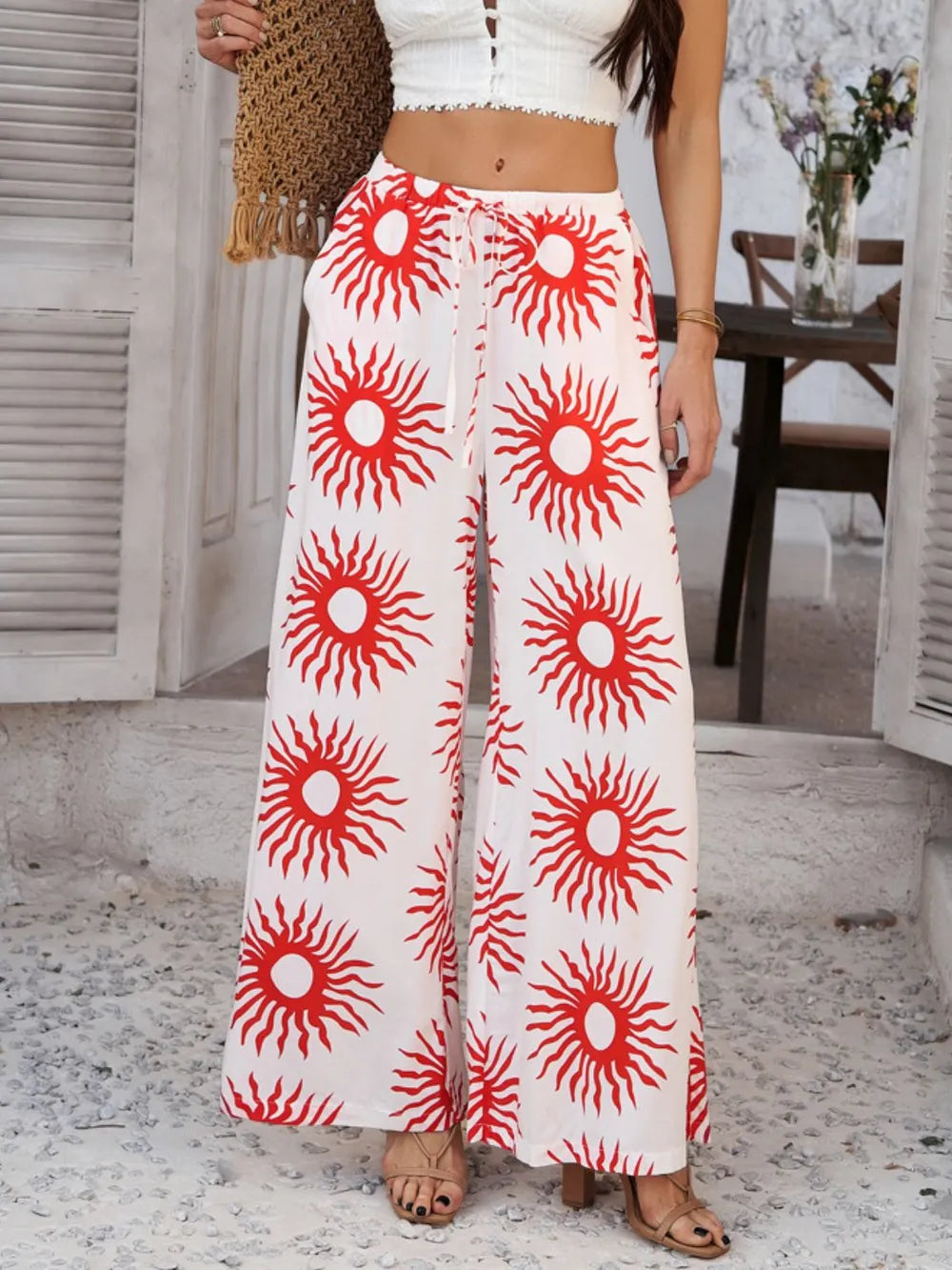 Drawstring Printed Wide Leg Pants (25)