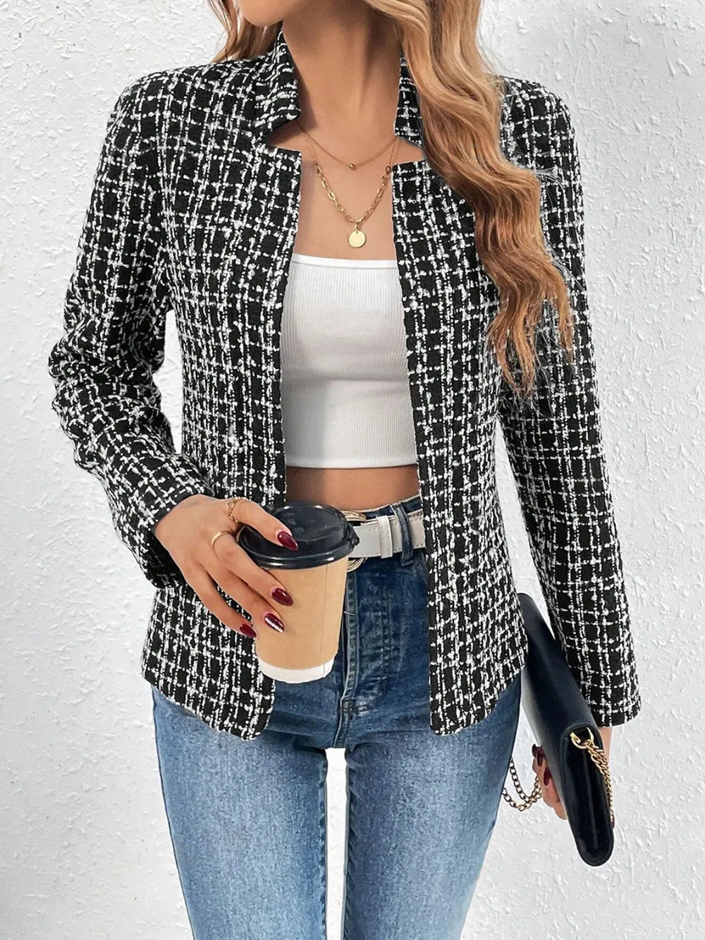 Plaid Open Front Long Sleeve Jacket (6)