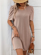 Textured Round Neck Short Sleeve Mini Dress (4)