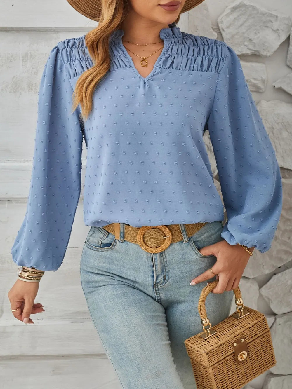 Ruched Swiss Dot Notched Balloon Sleeve T-shirt (7)