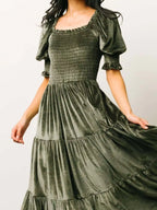 Velvet Smocked Tiered Midi Dress (9)