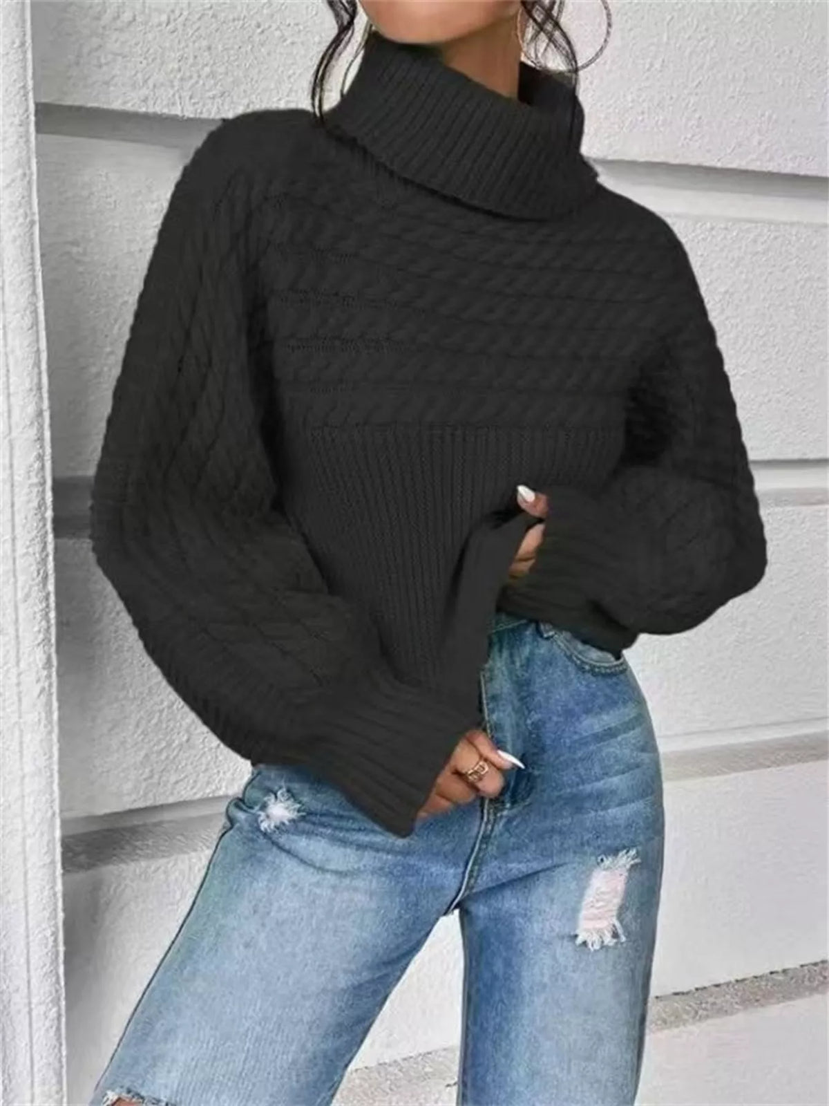 Textured Knit Turtleneck Long Sleeve Sweater (11)