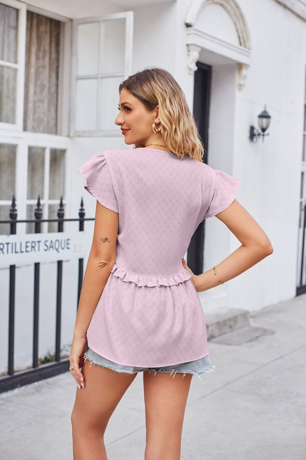 Buttoned V-neck Ruffle Trim Top (16)